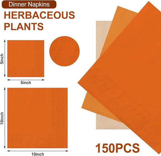 Whaline 150Pcs Orange Cocktail Napkin 3 Colors Fall Paper Napkin Disposable Beverage Napkins for Autumn Harvest Thanksgiving Home Party Birthday Wedding Table Decor Supplies