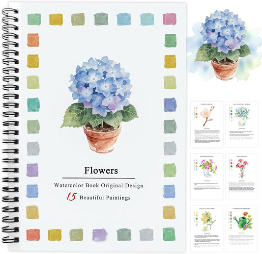 SLWBZ Watercolor Workbooks Coloring Book, Beginner Friendly Painting Kit, Easy Exquisite with Steps, Creative Exploration Watercolor Book with Paint Set for Adults Teens (Flowers, Without Paint)