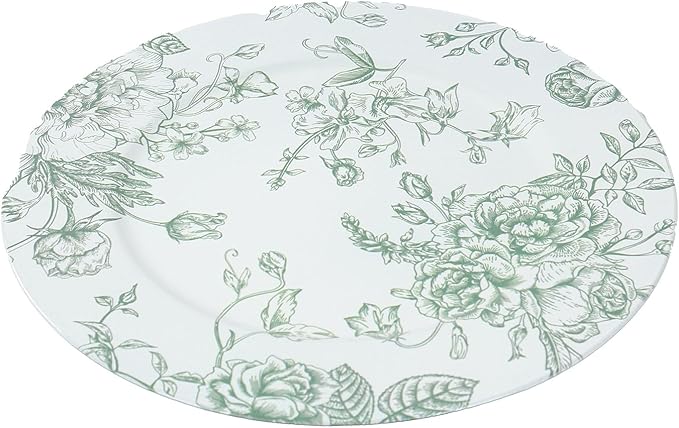Efavormart 6 Pack Floral Acrylic Charger Plates in French Toile Pattern, White Sage Green Round Dinner Charger Event Tabletop Decor - 13"