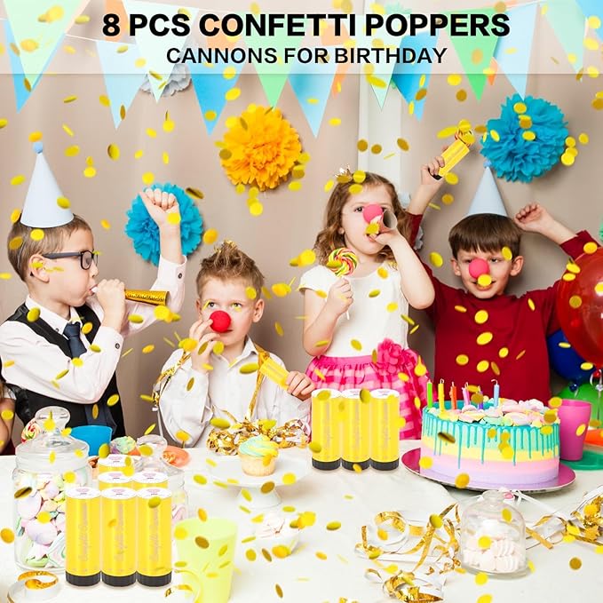 Confetti Cannon 8 Pack Small gold Confetti Poppers ideal for Weddings, Birthdays, Graduations, Baby Showers, New Year's Eve Parties Fun Party Decorations