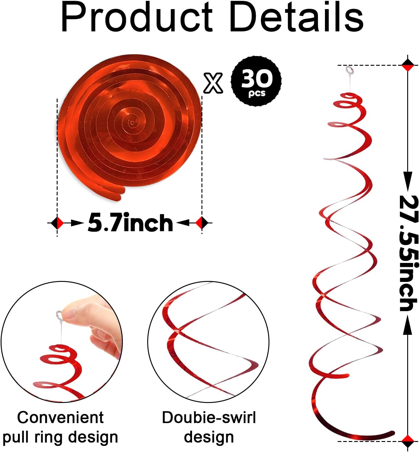 30 Pcs Red Hanging Swirl Party Decorations,Sparkle Red Birthday Ceiling Decorations,Streamers for Wedding Party Anniversary Graduation Christmas (Red)
