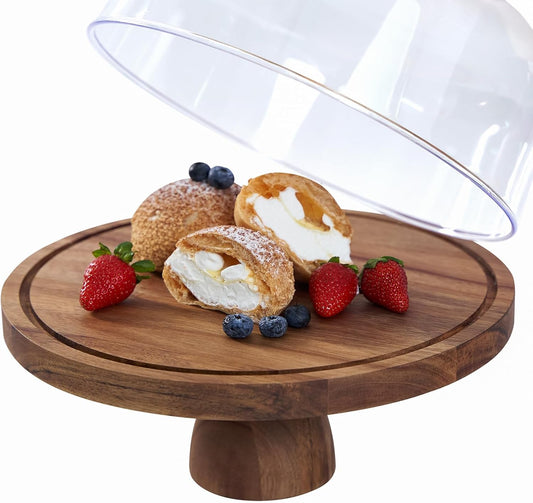 Cake Stand with Lid, Multi-Functional 12in Round Cake Holder, Acacia Wood 2-in-1 Dessert Table Display Set, Charcuterie Board for Cheese ,Fruit Platter, Large Acrylic Cake Dome Cover