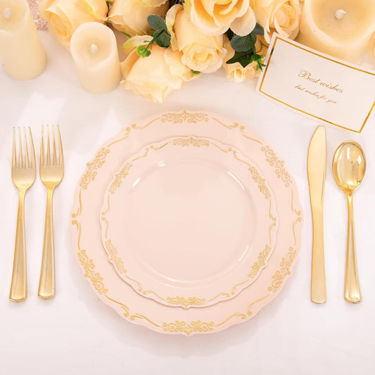 DaYammi 60 PCS Pink Gold Plastic Plates, Pink Disposable Plates with Gold Rim Include: 30 Dinner Plate, 30 Dessert Plate for Party, pink plastic plates with Vintage lace for Wedding