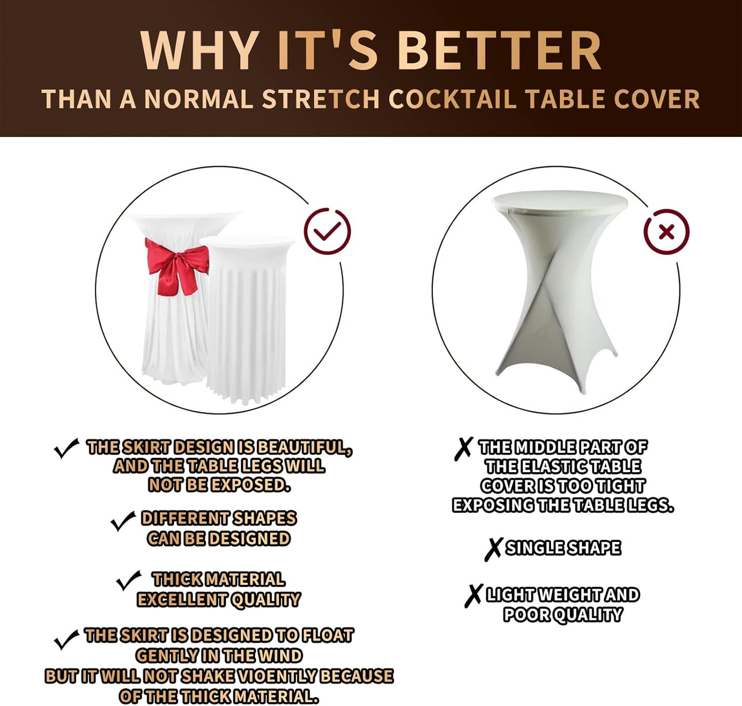 3 Packs Cocktail Table Covers Spandex Stretch White Round Tablecloth with Skirt, 32"x 43" Upgraded Model Cocktail Table Skirt Fitted High Top Stretch Table Dress for Party Wedding Banquet Table