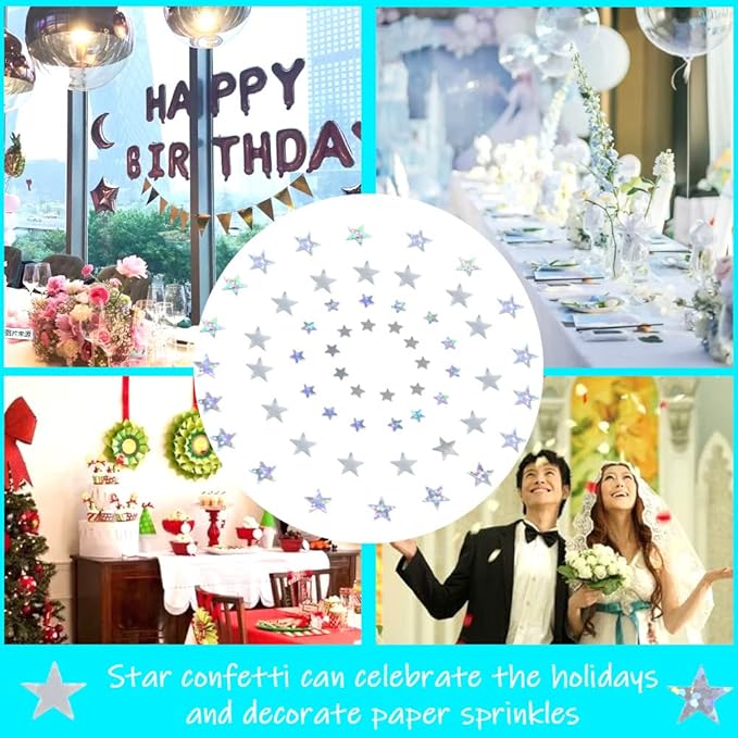 Ruidee 60g Star Confetti Metallic Foil Stars Table Confetti Metallic Foil Stars Sequin for Halloween Birthday Wedding Festival Party DIY(Silver/Glitter Silver)
