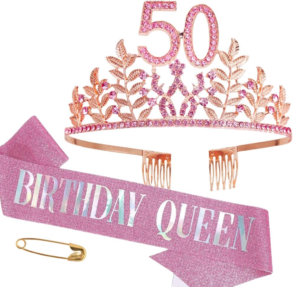 Birthday Sash Tiara Birthday Tiara Rhinestone Crown Rose Gold Birthday Queen Tiara Sash and Tiara for Women Birthday Decor Princess Tiara Cake Topper Crystals Hair Accessories for Party