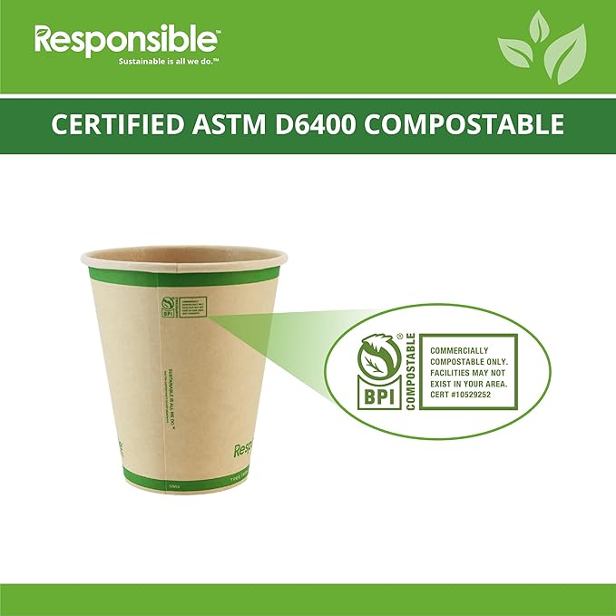 Responsible Products Certified Compostable 10 oz Paper Cups, Cold ＆ Hot Coffee Cups, Disposable Paper Cups, Extra Strength Disposable Cups, Made without PFAS (50 count)