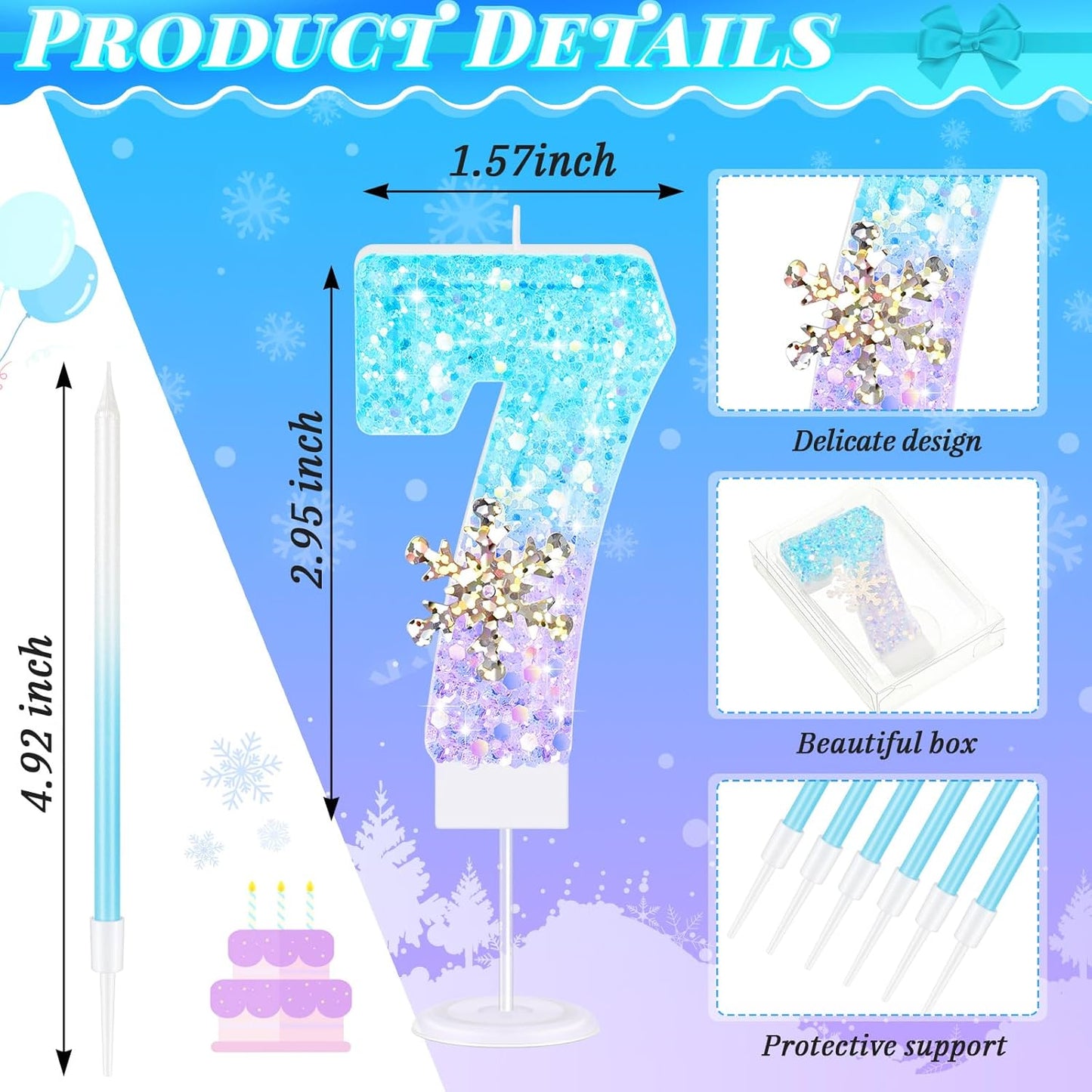 MTLEE Number 7 Birthday Candle Blue Snowflake with 6 Long Thin Cupcake Candles Blue Sparklers Glitter Number Happy Birthday Cake Topper Decorations for Winter Party Supplies