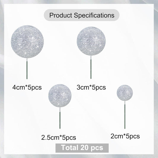 BEISHIDA 20 PCS Silver Glitter Bling Mini Ball Cake Toppers Foam Cake Balls Decoration Supplies for Happy Birthday Anniversary Wedding Baby Shower Graduation Christmas Cake Decorations