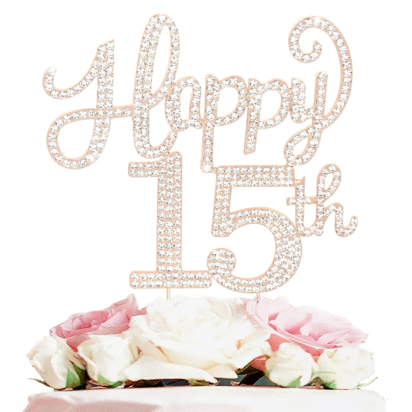 LASKYER Happy 15th Birthday Decorations,15th Birthday Gold Rhinestone Cake Topper - Cheers to Fifteen Years Old Bday Party Metal Sparkly Cake Centerpieces Sign.