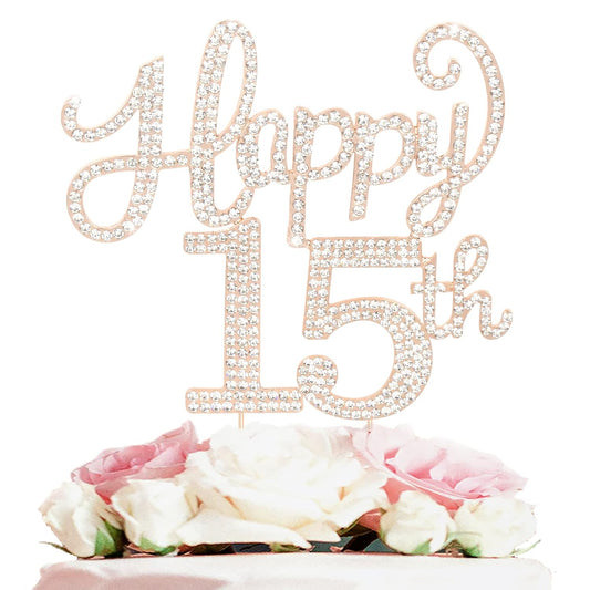 LASKYER Happy 15th Birthday Decorations,15th Birthday Gold Rhinestone Cake Topper - Cheers to Fifteen Years Old Bday Party Metal Sparkly Cake Centerpieces Sign.