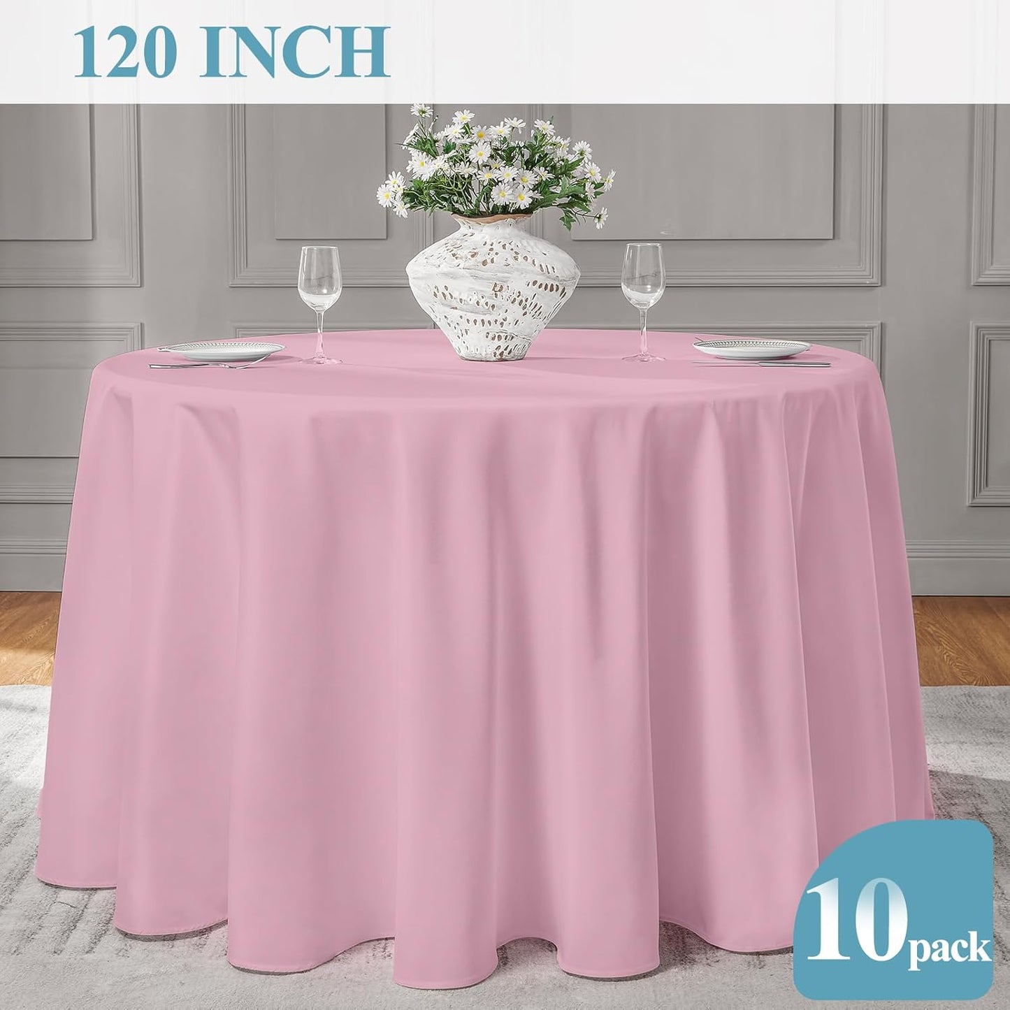 VidaFete Tablecloth 10 Pack 120inch Round Table Cloth Polyester, Stain Wrinkle Resistant Polyester Dining Table Cover for Kitchen Dinning Party Wedding Round Tabletop Buffet Decoration(Pink)