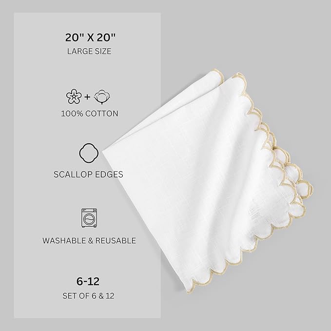 FINGERCRAFT Cloth Napkins, Everyday Use Scallop Design, Premium Quality Natural Cotton Napkin Set of 6 Perfect for Parties Dinners Weddings Easter Napkin Cloth 20x20 inch White/Beige