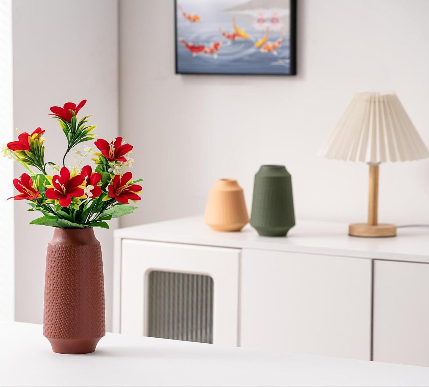 Ceramic Vase Set of 3, Wide Mouth Small Flower 9” Tall Vase Modern for Christmas Home Decor Table Centerpiece Farmhouse Decorative Colorful