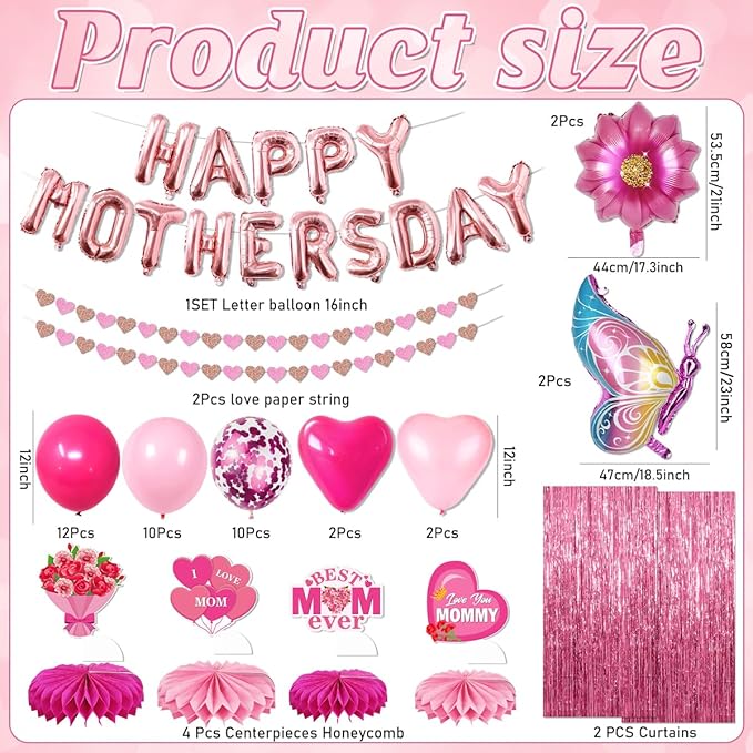 Mothers Day Decorations,63PCS Happy Mothers Day Balloons and Flower Heart Balloons,Fringe Curtains,Best Mom Ever Honeycomb Centerpieces for Girls Women Mom Party Supplies Celebrating Ladies Decor