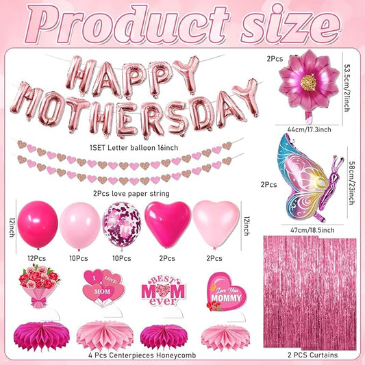 Mothers Day Decorations,63PCS Happy Mothers Day Balloons and Flower Heart Balloons,Fringe Curtains,Best Mom Ever Honeycomb Centerpieces for Girls Women Mom Party Supplies Celebrating Ladies Decor