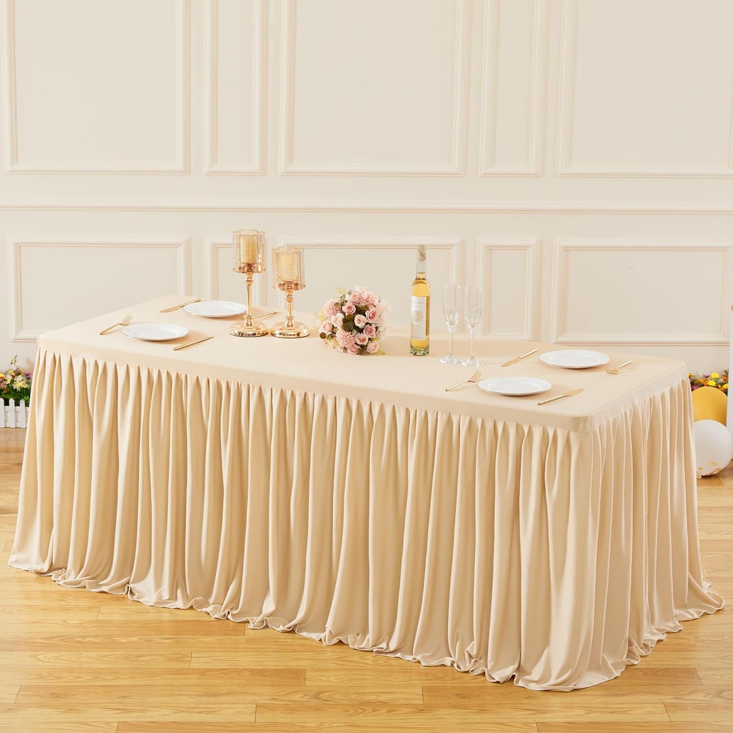 Deep Champagne Polyester Table Clothes for 8 Foot Rectangle Tables, Wrinkle Free Fitted Table Cover with Pleated Ruffle Table Skirt for Birthday Party Wedding Trade Show Event Display