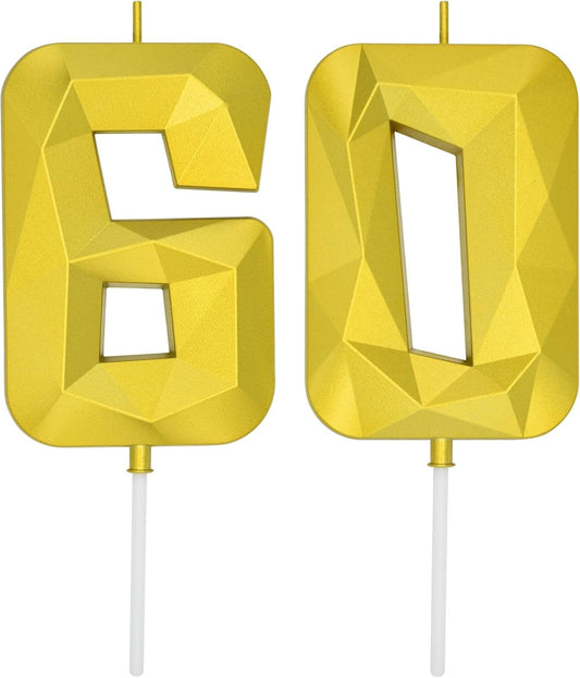 DERVENTA Large Birthday Candle Number 3D Gold 3.7 inch Party Celebration Anniversary Decoration Cake Topper 1 Piece (Number 60 Gold)