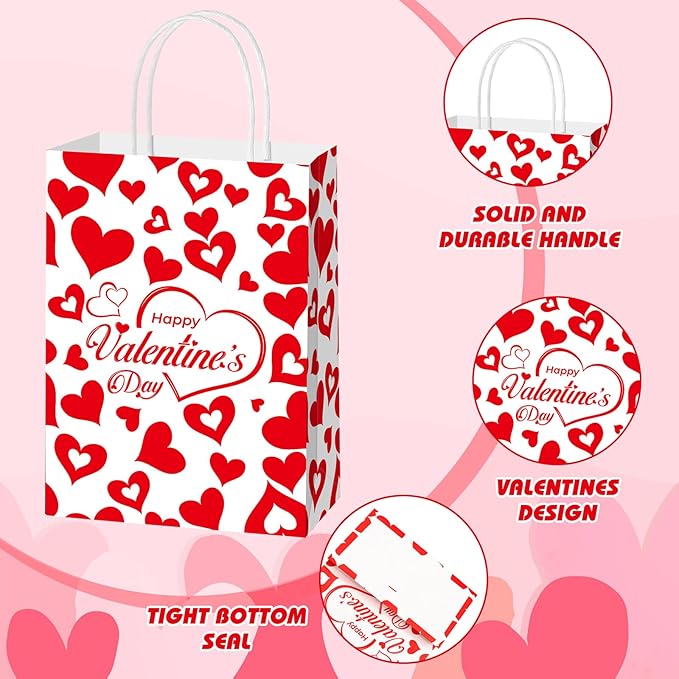 Glenmal 24 Pcs Valentines Bags Bulk with Handles 8.3 x 5.9 x 3.1 Inch Red Heart Love Gift Treat Goodie Candy Paper Bags for Classroom Valentine's Day Gift Wrapping Anniversary Dating Wedding