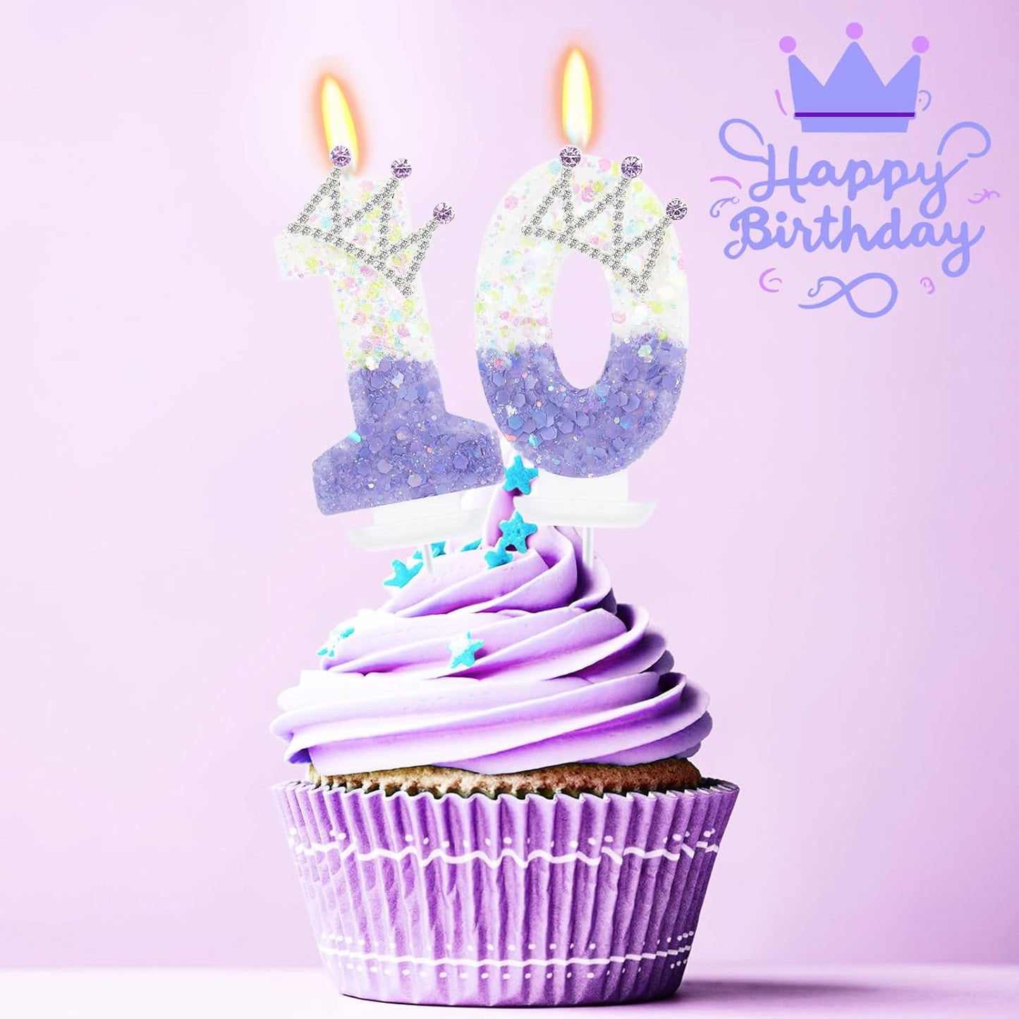 Purple White Number 10 Candle, Glitter Crown Cake Topper, Princess Birthday Party Decorations for Girls and Women Anniversary Celebrations Party Favors