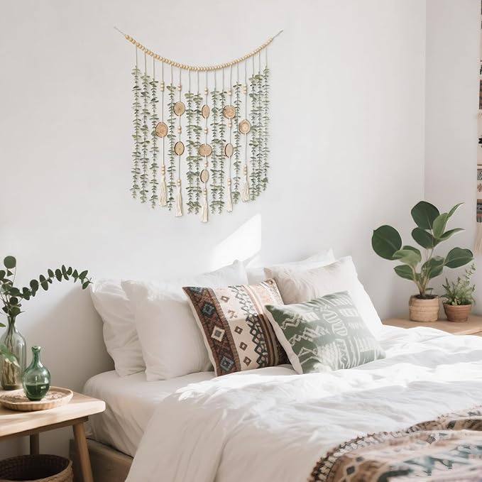 Dahey Hanging Artificial Plant Eucalyptus Wall Decor 43'' Wooden Bead Garland with Fake Greenery Leaves Boho Rustic Farmhouse Wall Art for Living Dining Room Bathroom Bedroom Kitchen Decoration