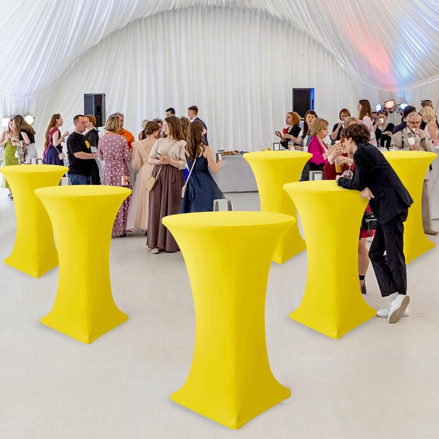Cocktail Table Covers-Spandex Round High Top Table Cloths 6 Pack 32x43 Inch-Yellow Stretch Fitted Bar Tall Tablecloth for Pub Bistro Highboy Event Banquet Height Folding Satnding Tables