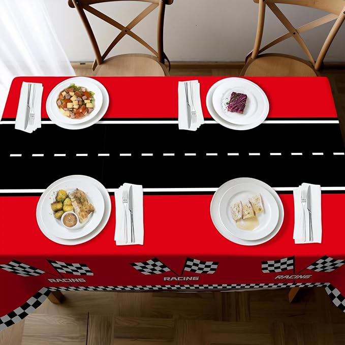 Childom 3Pcs Racing Car Plastic Tablecloth, Race Birthday Party Decorations, 54'' x 108'' Checkered Table Cloth Decor, Favors Rectangular Tablecloth for Boys Baby Shower Home