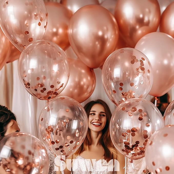 SUWEN Metallic Rose Gold Balloons and Confetti Balloons Set 47PCS Latex Helium Chrome Rose Gold Balloon for Birthday Wedding Anniversary Party Decorations