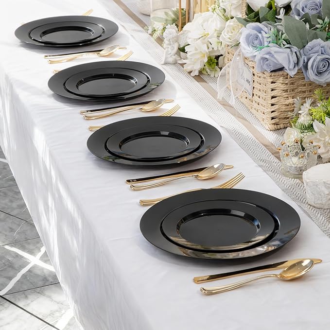 100PCS Black Plastic Plates, 10 Inch Disposable Dinner Plate Party, Heavy Duty Disposable Plastic Plates for Party, Wedding and Birthday