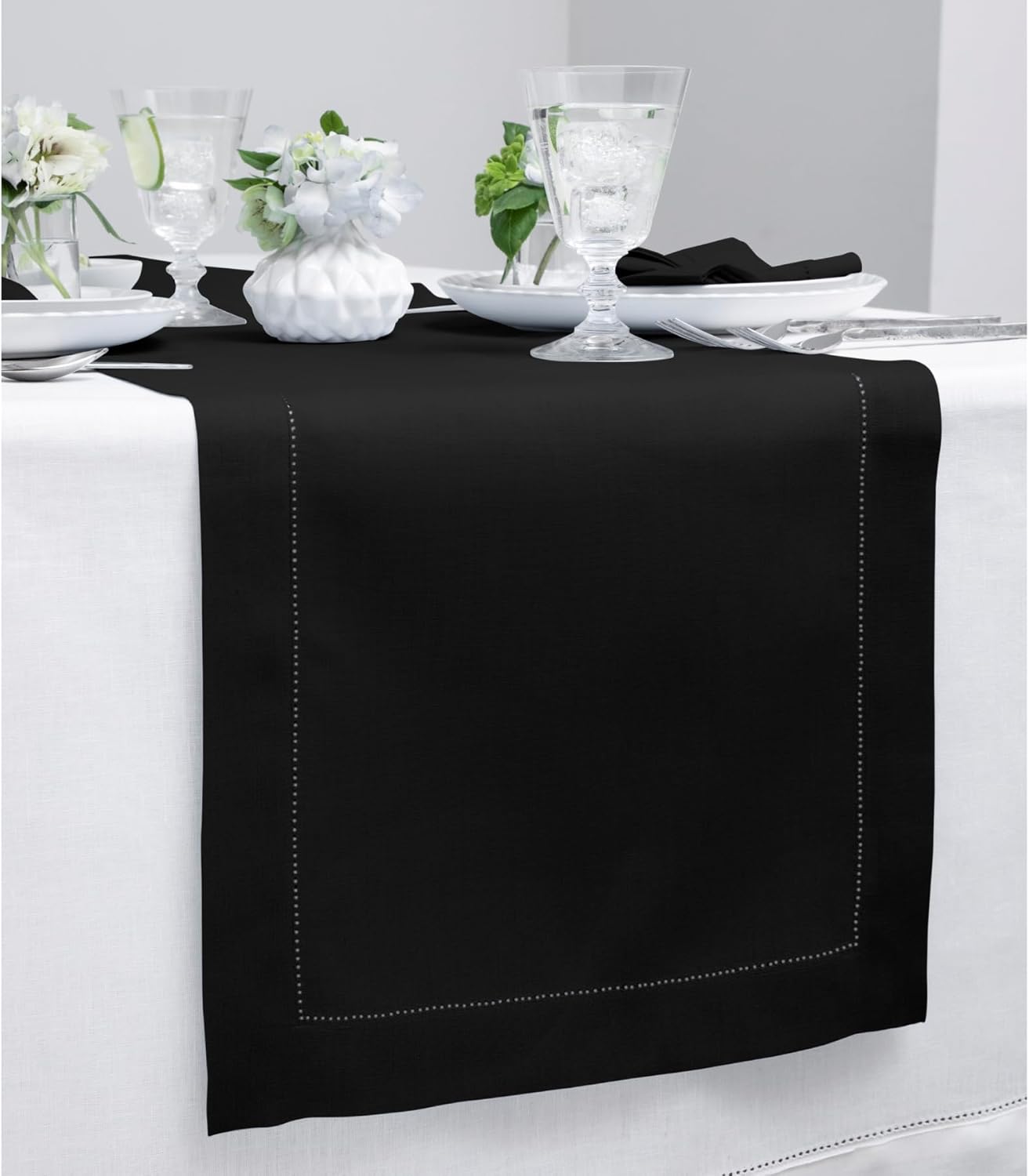 Solino Home Linen Black Table Runner 48 Inches - Classic Hemstitch, 100% Pure Linen Coffee Table Runner 14 x 48 Inch Ideal for Dresser Tables - Fall, Autumn, Halloween, Thanksgiving, Holiday