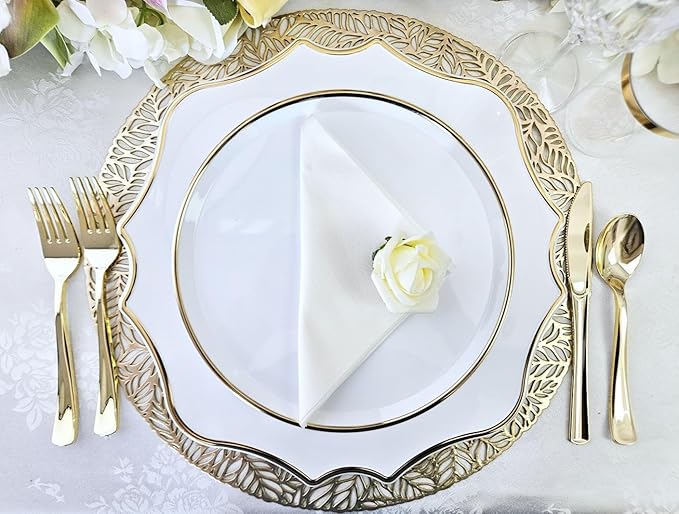 " OCCASIONS " 10 Pieces 13.25'' Scalloped Disposable/Reusable Plastic Charger Plates for Wedding, (Scalloped Imperial White & Gold)