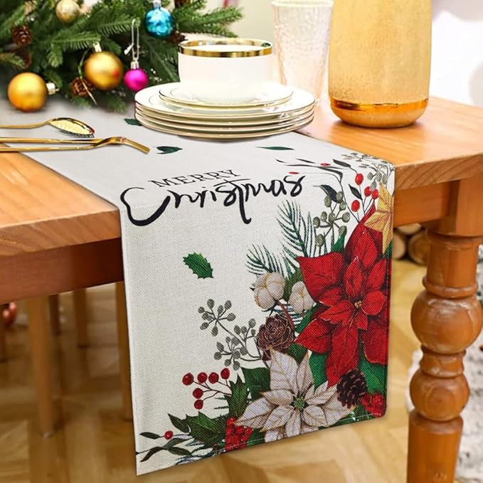Merry Christmas Winter Table Runner, 13x72 inch Red Floral Holly Berry Vintage Xmas Seasonal Holiday Kitchen Dining Table Runners for Home Indoor Mantel Party Farmhouse Decoration