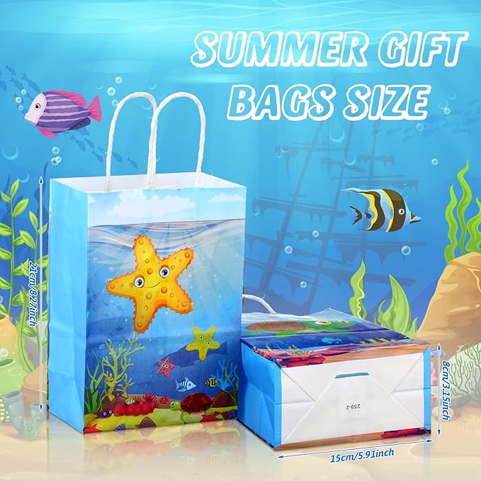 Outus 24 Pcs Under the Sea Party Favor Bags Goodie Ocean Gift Paper Bags with Handles Sea Animal Candy Treat Pouch for Summer Ocean Birthday Party Decorations Baby Shower Supplies