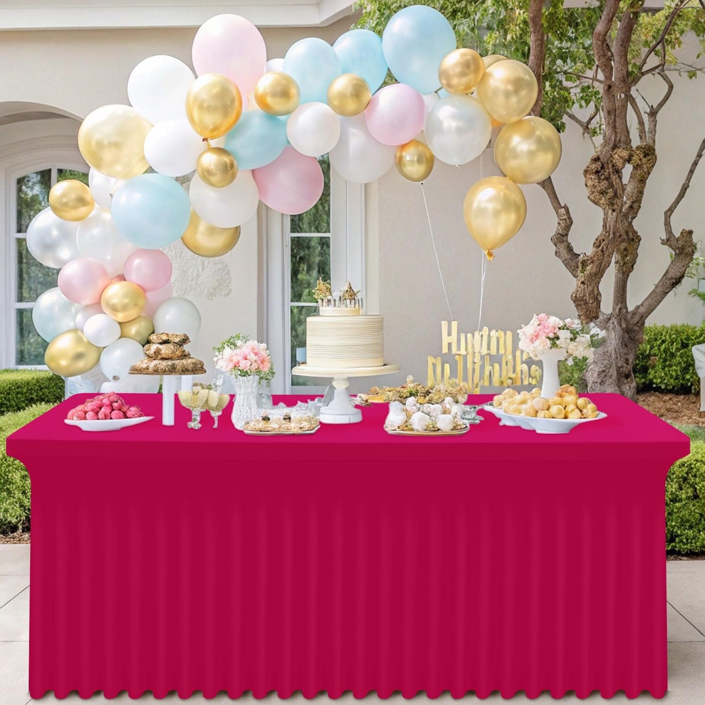 Smiry Spandex Tablecloth, Elastic Fitted Stretch Tablecloth for 6FT Rectangle Tables, Waterproof Washable Table Cover Skirt for Outdoor, Wedding, Banquet & Parties (Fuchsia, 72Lx30Wx30H Inch)