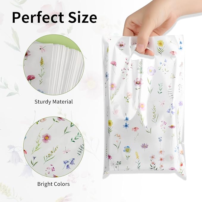 ARPOVIST 100 Pcs Small Wildflower Gift Bags,9.8" x 6.5" Floral Plastic Goody Bags with Handles for Baby Shower, Birthday, Wedding, Spring & Summer Party Favors, Candy Treat Bags Bulk