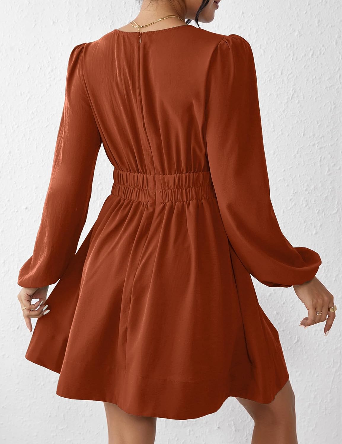 FAIABLE Mini Deep V Sexy Long Sleeve Dress for Women A-line High Waisted Casual Flowy Dress for Cocktail Wedding Guest