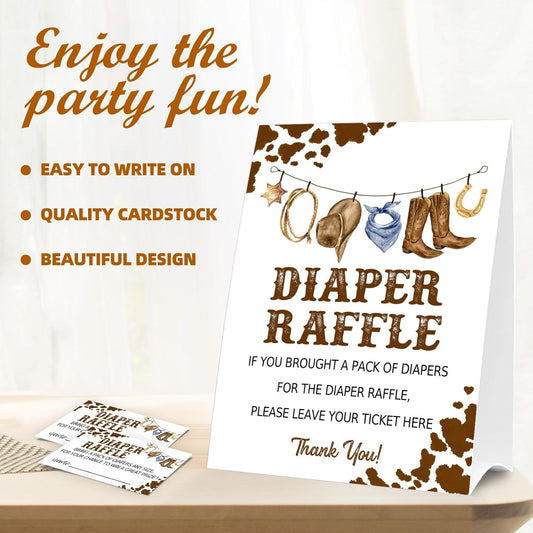 Diaper Raffle Tickets for Baby Shower Game, 1 Standing Sign & 50 Guessing Cards for Baby Shower Party Decoration, West cowboy
