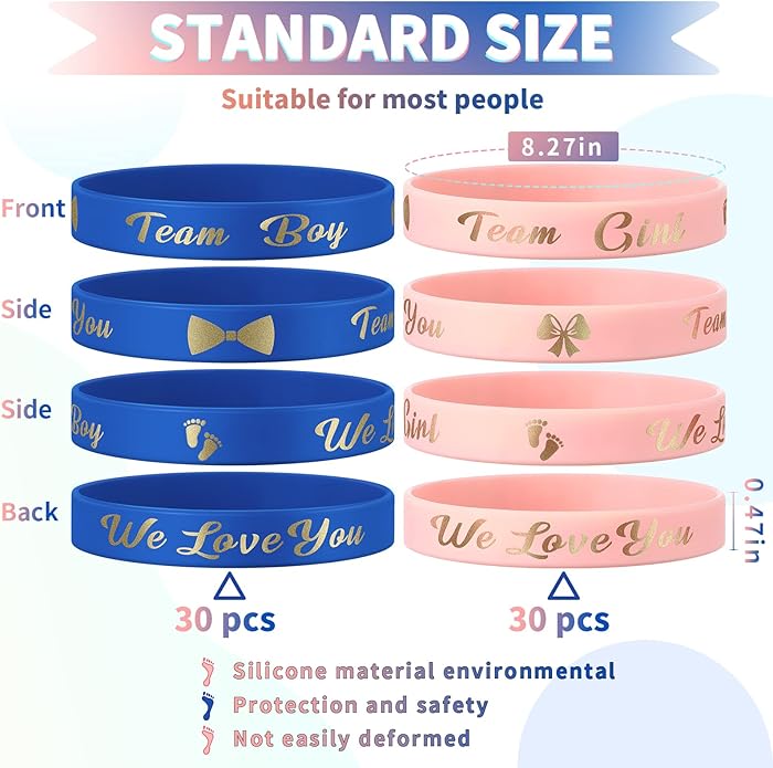 Jetec 60 Pieces Gender Reveal Bracelets, Team Boy Silicone Wristbands and Team Girl Rubber Bracelets for Gender Reveal Ideas Party Supplies Decorations