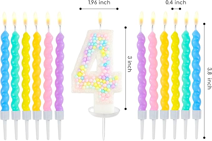 PHD CAKE Number 4 Birthday Candle Macaron Glitter Number Candle with Rainbow Spiral Candles in Holders for Cake Topper, Pastel Sweet Theme Party Decoration
