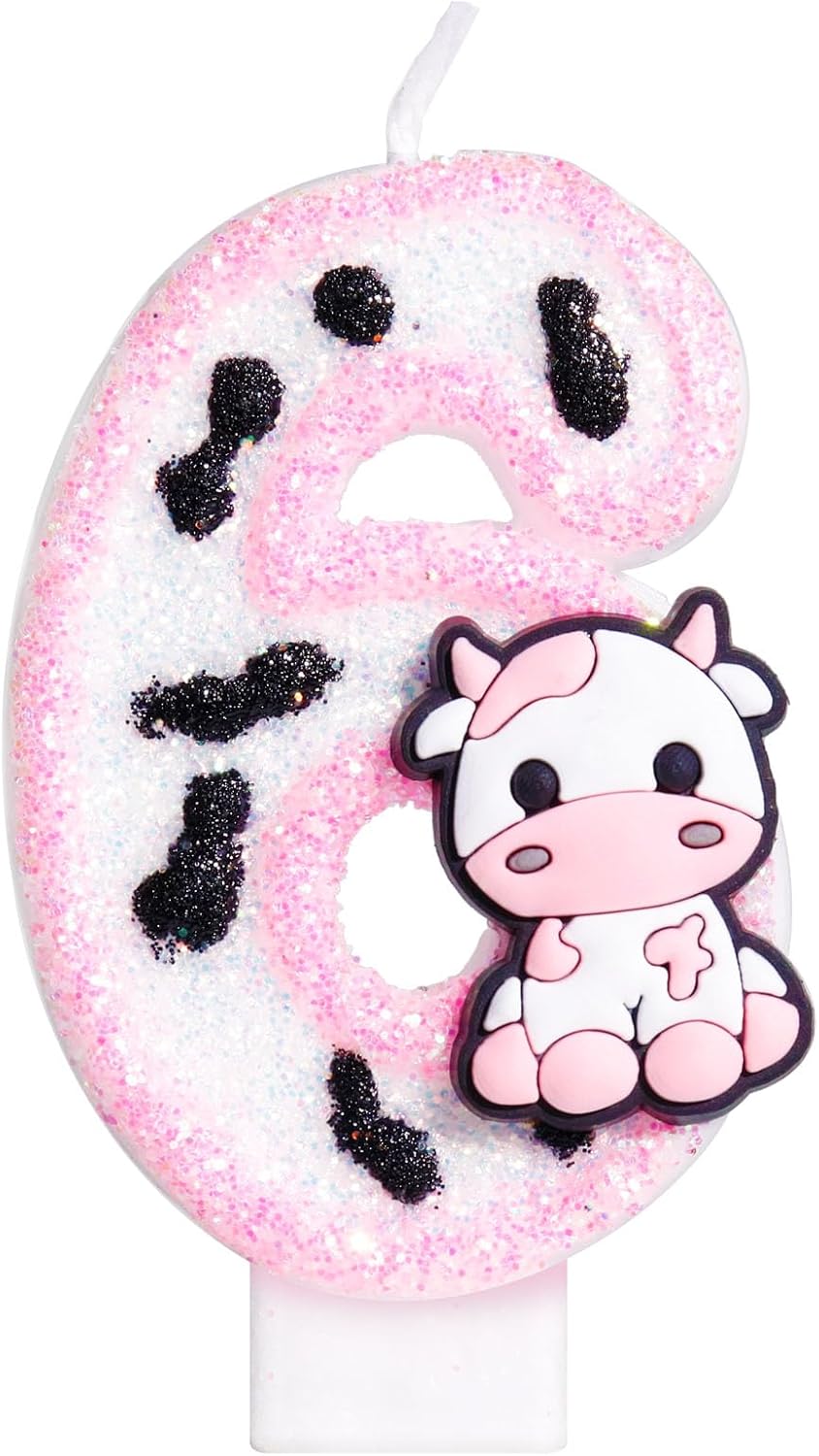 Pink Cow Glitter Birthday Candles Number 6 Birthday Decorations, 6 Year Old Birthday Decorations, Number 6 Candle for Cake, Cowgirl Theme Number Candle for Girls 6th Birthday Party Décor