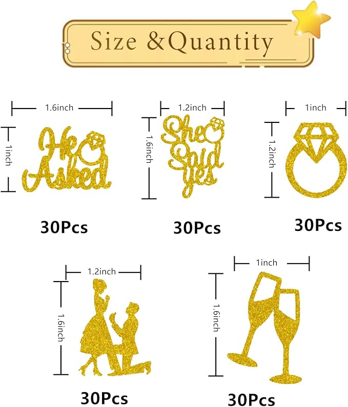 150 PCS Engagement Party Decorations, Gold Glitter He Asked She Said Yes Confetti, Diamond Ring Table Scatter, Bridal Shower Engagement Wedding Party Decorations Supplies