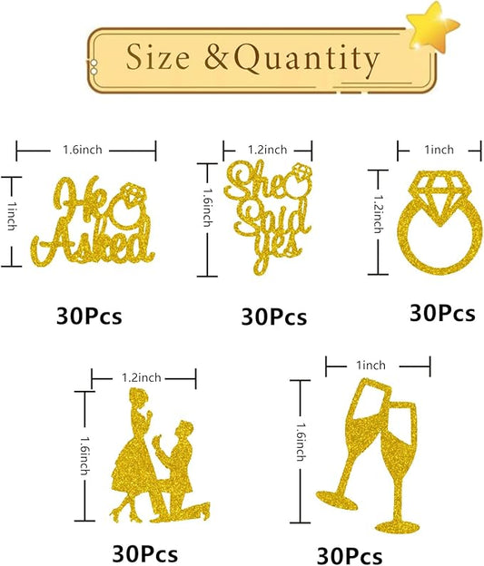 150 PCS Engagement Party Decorations, Gold Glitter He Asked She Said Yes Confetti, Diamond Ring Table Scatter, Bridal Shower Engagement Wedding Party Decorations Supplies
