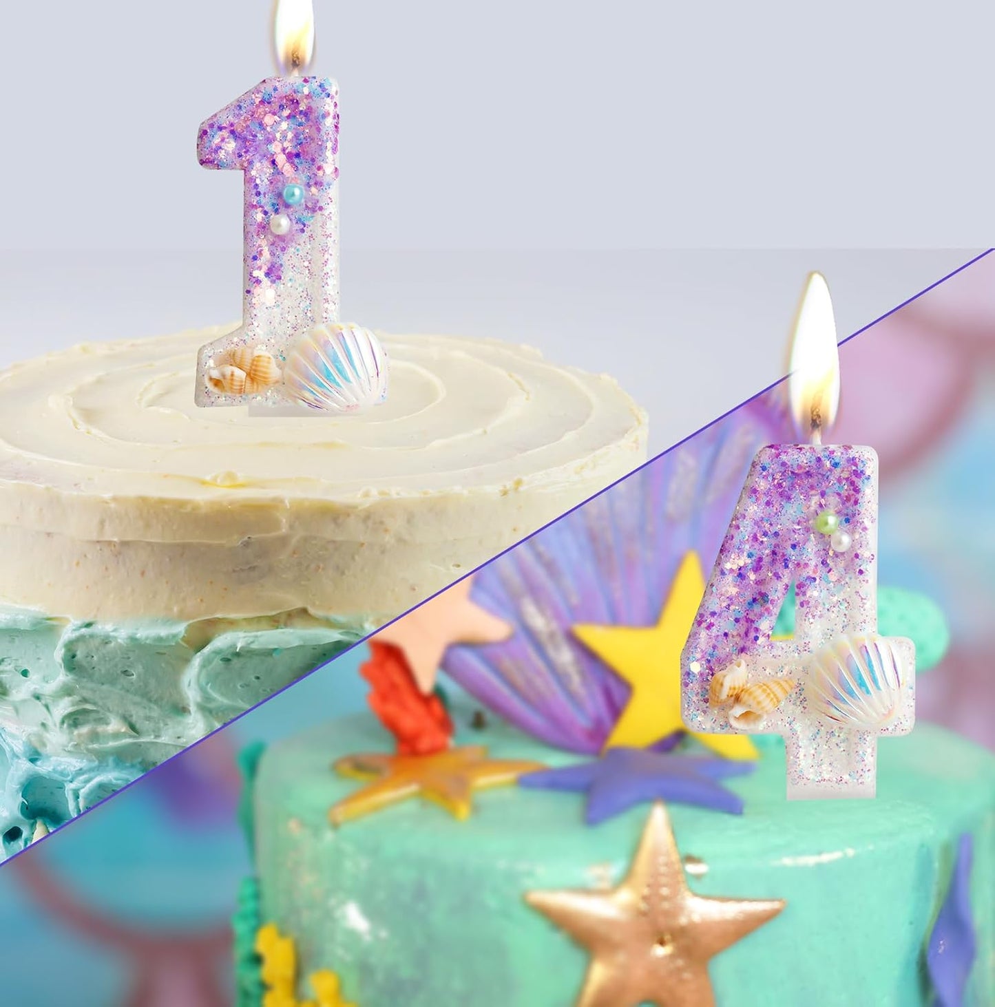 Pulper Mermaid Sequins Shell Birthday Candles, Mermaid Themed Birthday Cake Topper
