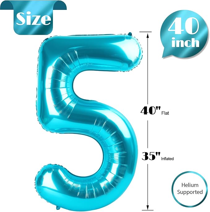 Light Blue Number 5 Balloon 40 Inch, 5th Birthday Party Decorations for Children, Giant 5 Foil Balloon for Party Supplies