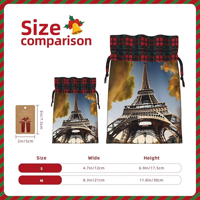 PULaif Cityscape Paris Eiffel Tower France Christmas Drawstring Gift Bags, Large Size Christmas Bags For Gifts Party Favors, Xmas Gift Bags