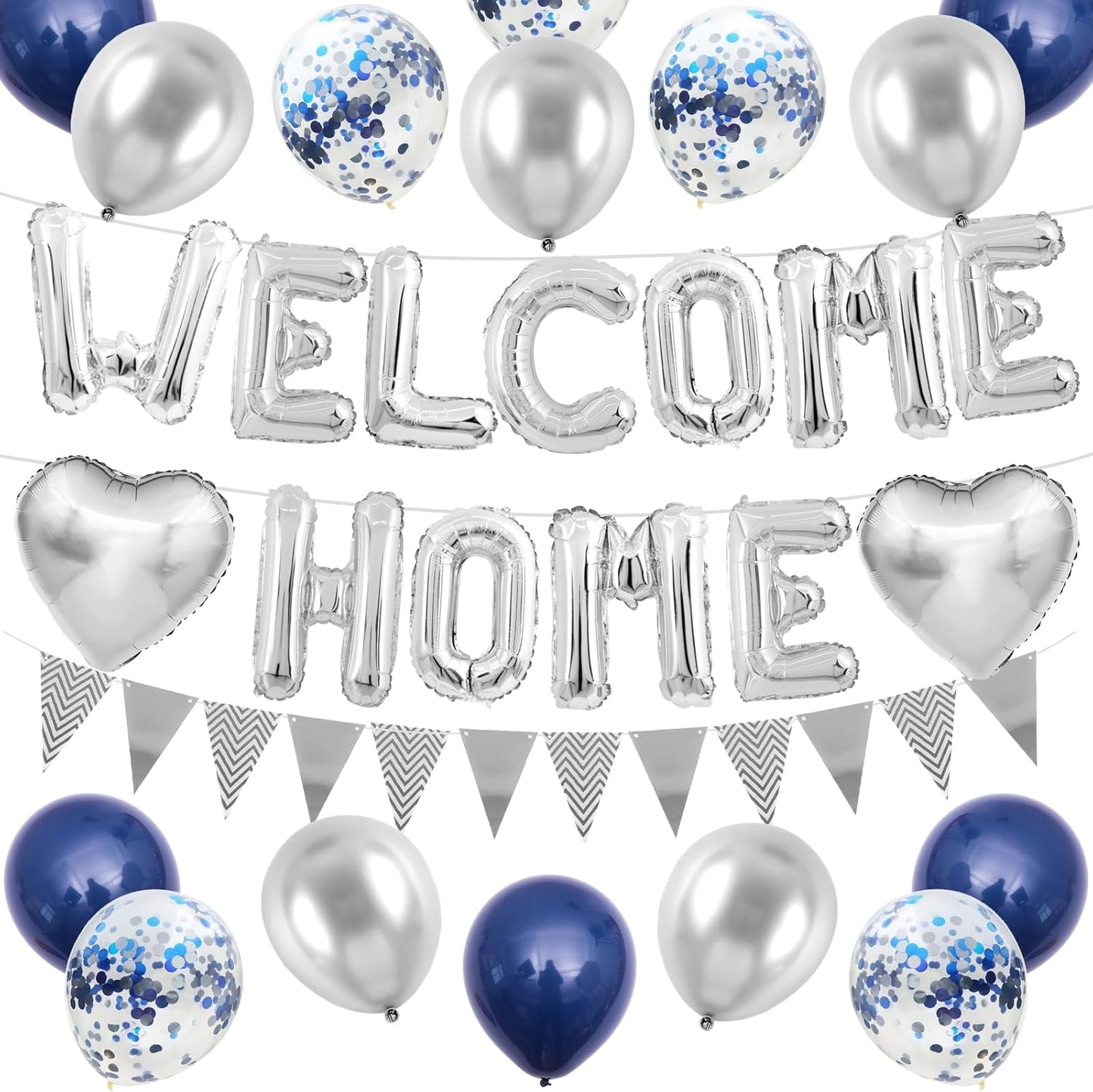 Welcome Home Decorations Navy Blue Silver,Welcome Home Foil Balloon Banner with Confetti Balloons,Silver Heart Balloons Pennant Flag Bunting for Housewarming Baby Shower Home Family Party Supplies