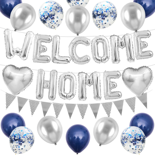 Welcome Home Decorations Navy Blue Silver,Welcome Home Foil Balloon Banner with Confetti Balloons,Silver Heart Balloons Pennant Flag Bunting for Housewarming Baby Shower Home Family Party Supplies