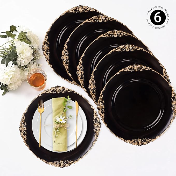 MAONAME Black Charger Plates with Gold Rim, Round Antique Plate Chargers for Dinner Plates, 13" Plastic Charger for Wedding Table Setting, Set of 6