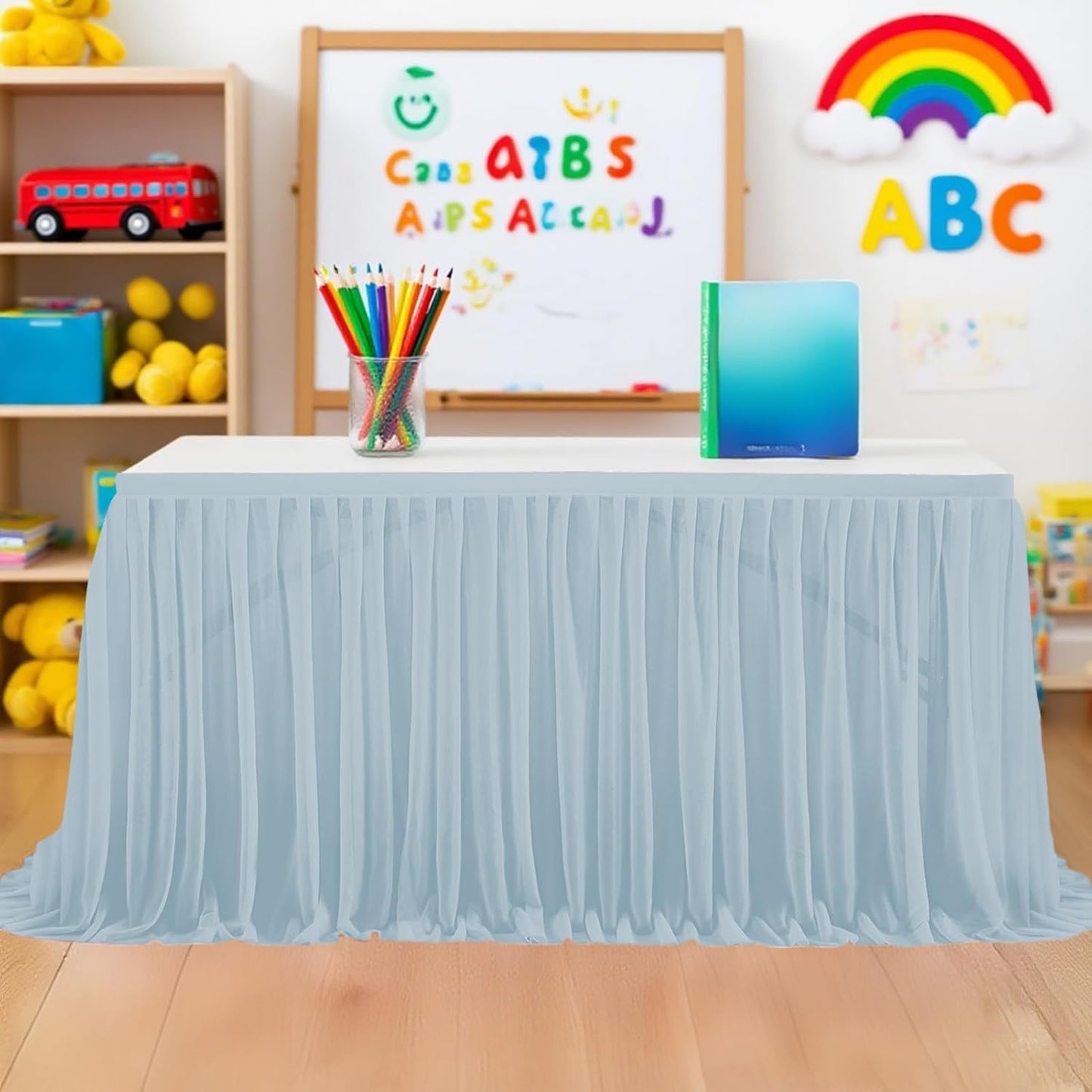 9FT Tulle Table Skirt for Teacher Desk Rectangular Ruffle Table Back to School Supplies for Kindergarten Preschool Middle School Classroom Decor, Grey Blue