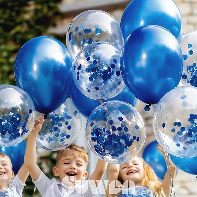 SUWEN Metallic Blue Balloons and Confetti Balloons Set 47PCS Latex Helium Chrome Royal Blue Balloon for Birthday Graduation Party Decorations